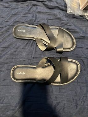 Women's Black Slide Sandals - Cross Strap Casual Slip-On